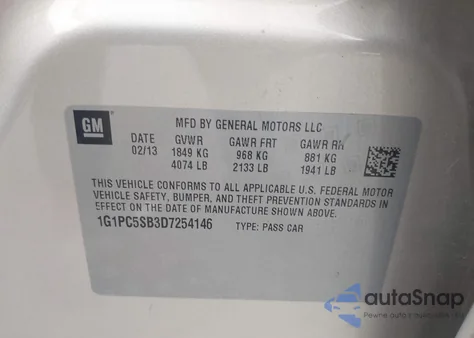 2013 Chevrolet Cruze 1Lt Auto из США, поврежденный, VIN 1G1PC5SB3D7254146